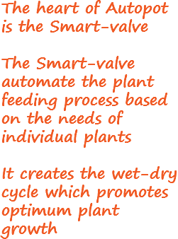The heart of Autopot is the Smart-valve The Smart-valve automate the plant feeding process based on the needs of individual plants It creates the wet-dry cycle which promotes optimum plant growth
